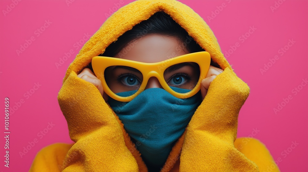Fototapeta premium Woman wearing a yellow hoodie and yellow glasses. She is wearing a blue mask