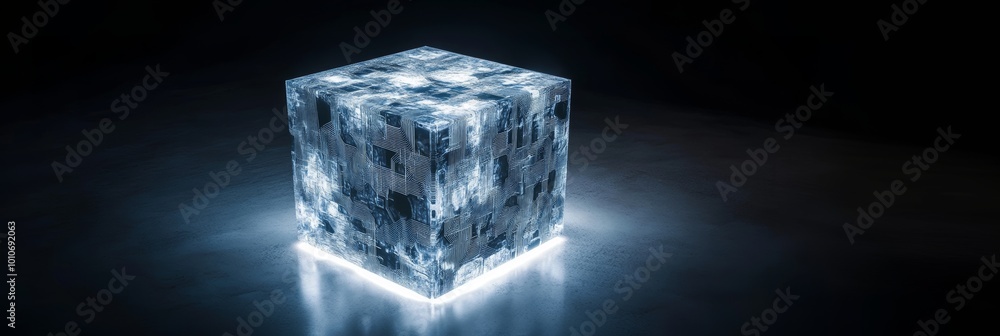 Geometric concrete cube floating in a bright room