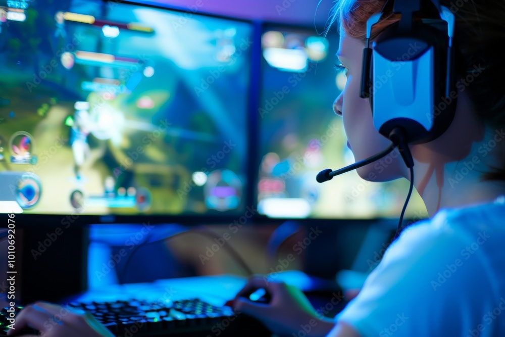 A stylish young woman immersed in an online PvP tournament, skillfully playing on her computer and strategizing with her team using a microphone, encapsulating her competitive spirit. A stylish young woman immersed in an online PvP tournament, skillfully playing on her computer and strategizing with her team using a microphone, encapsulating her competitive spirit.