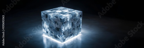 Geometric concrete cube floating in a bright room