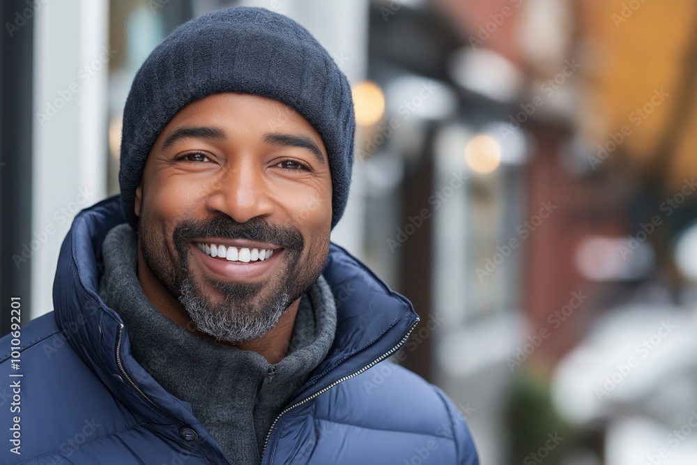 Man wearing a blue jacket and a black hat is smiling. He has a beard and gray hair Man wearing a blue jacket and a black hat is smiling. He has a beard and gray hair