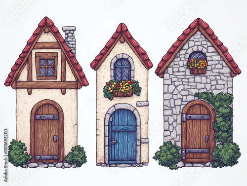 Charming Medieval Cottages: Hand-Drawn Illustration of Stone and Wooden Homes