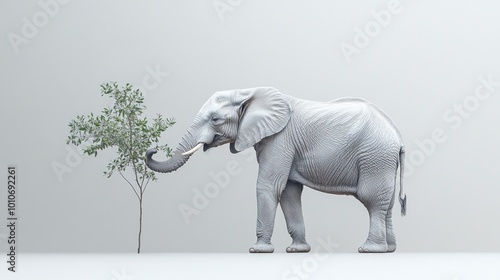 A realistic elephant interacting with a small tree.