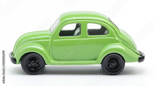 A green toy car in a profile view isolated on a white background.