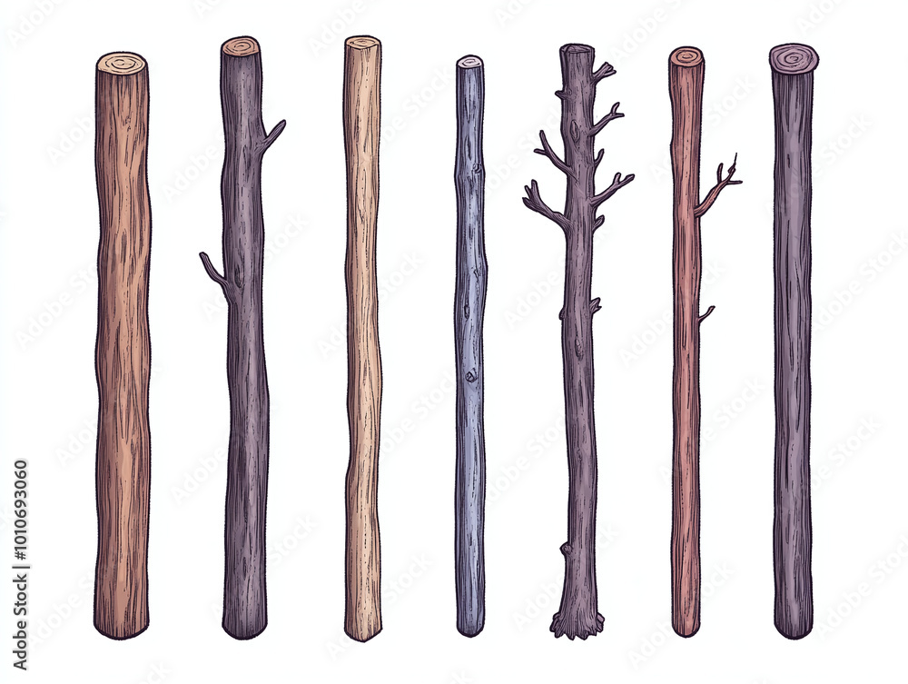 Collection of Hand-Drawn Tree Trunks: Natural Wood Textures and Branch Details Collection of Hand-Drawn Tree Trunks: Natural Wood Textures and Branch Details