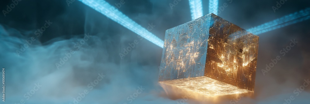Glowing translucent cube and tetrahedron with circuitry