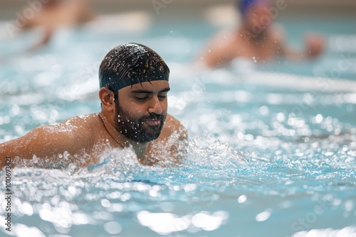 Swimmer using a kickboard to improve their leg strength. They kick vigorously as they move across the pool