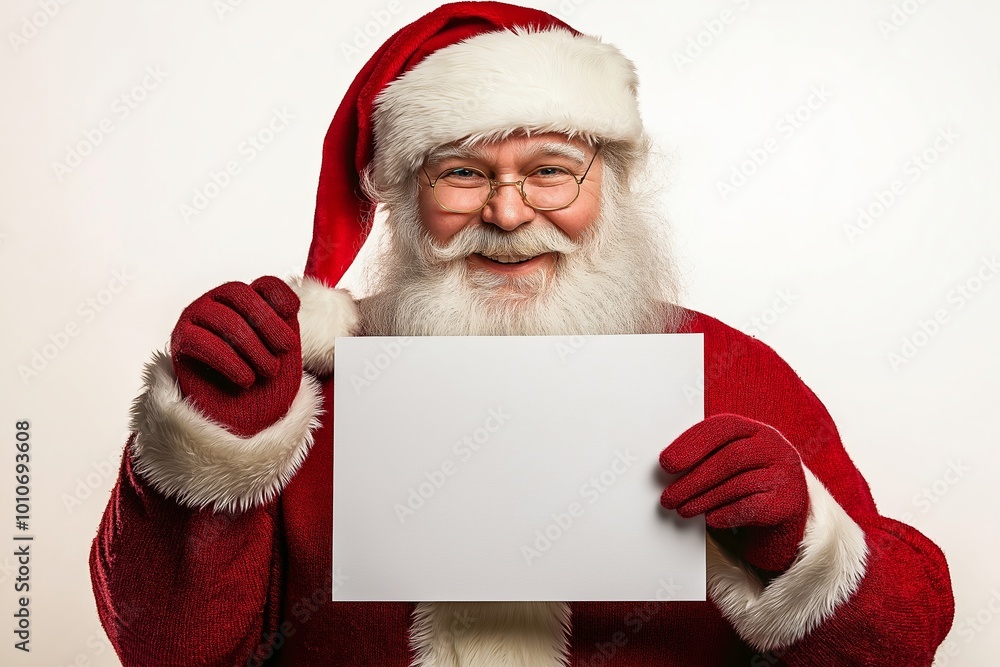 Naklejka premium Smiling Santa holding a blank piece of paper. Concept of joy and excitement, as the Santa is holding a blank piece of paper, which could represent a new beginning or a fresh start