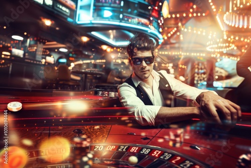 A confident player in sleek attire engages in high stakes poker amid the lively atmosphere of a bustling nightclub. The dazzling casino lights create an electrifying backdrop.