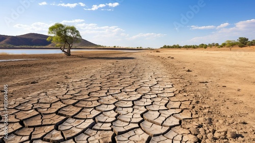 The Earth Splits Open, Revealing Dry And Cracked Ground Beneath, Where Drought Has Turned The Soil Into A Barren Desert. photo