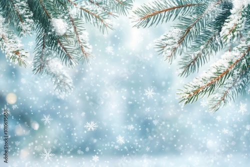 Winter background with fir branches and snowflakes with generative ai