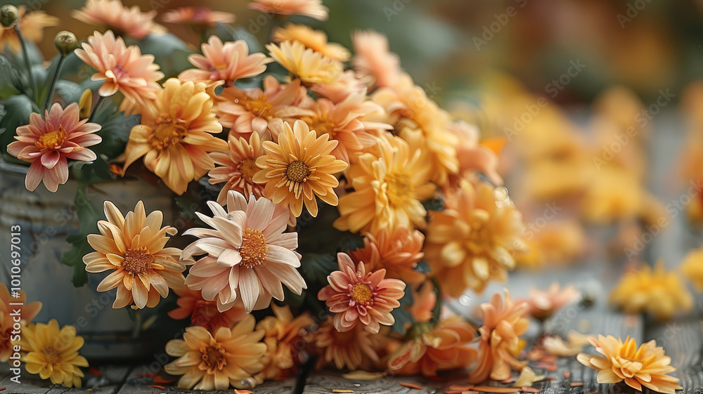 Φωτογραφία A rustic autumn-themed floral arrangement of chrysanthemums , on an old wooden table in the garden
