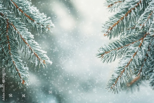 Winter background with fir branches and snowflakes with generative ai