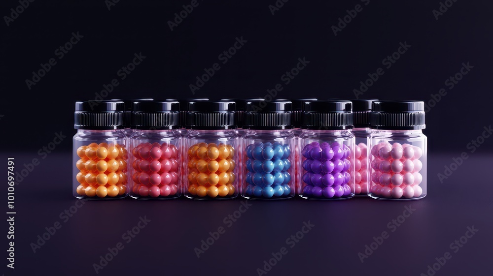 Colorful jars filled with beads lined up against a dark background, showcasing a vibrant array of colors and textures. Colorful jars filled with beads lined up against a dark background, showcasing a vibrant array of colors and textures.