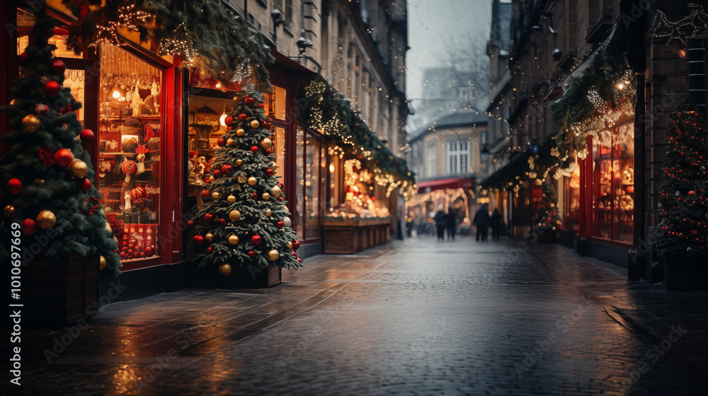 Fototapeta premium Christmas decoration tree in the shop. Winter street market in Europe.