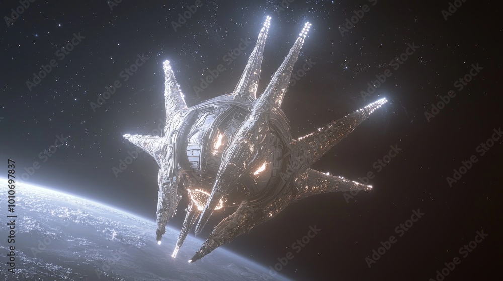 Cosmic Starship: Hyperealistic 3D Render of Exquisite Alien Spacecraft Hovering above Distant Planet in Starry Galaxy Background - 8K Detail Cosmic Starship: Hyperealistic 3D Render of Exquisite Alien Spacecraft Hovering above Distant Planet in Starry Galaxy Background - 8K Detail