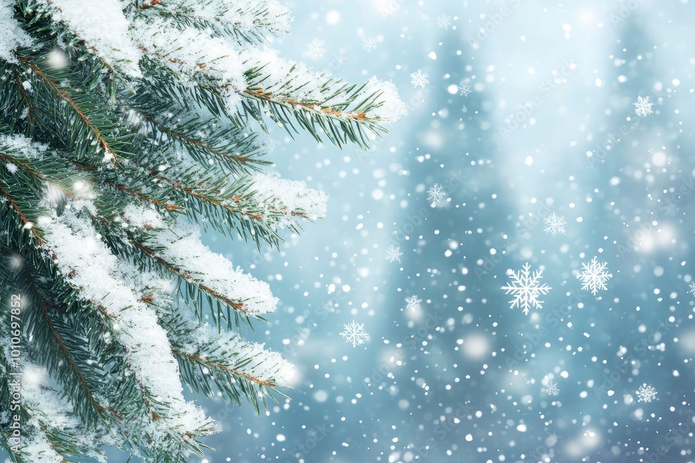 Winter background with fir branches and snowflakes with generative ai Winter background with fir branches and snowflakes with generative ai