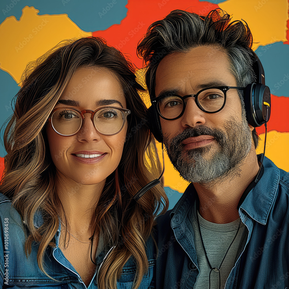 Two podcast host man and woman. Two podcast host man and woman.