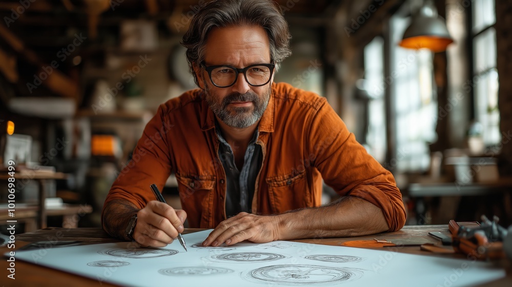 Man in an orange shirt is drawing a picture. He is wearing glasses and he is focused on his work Man in an orange shirt is drawing a picture. He is wearing glasses and he is focused on his work