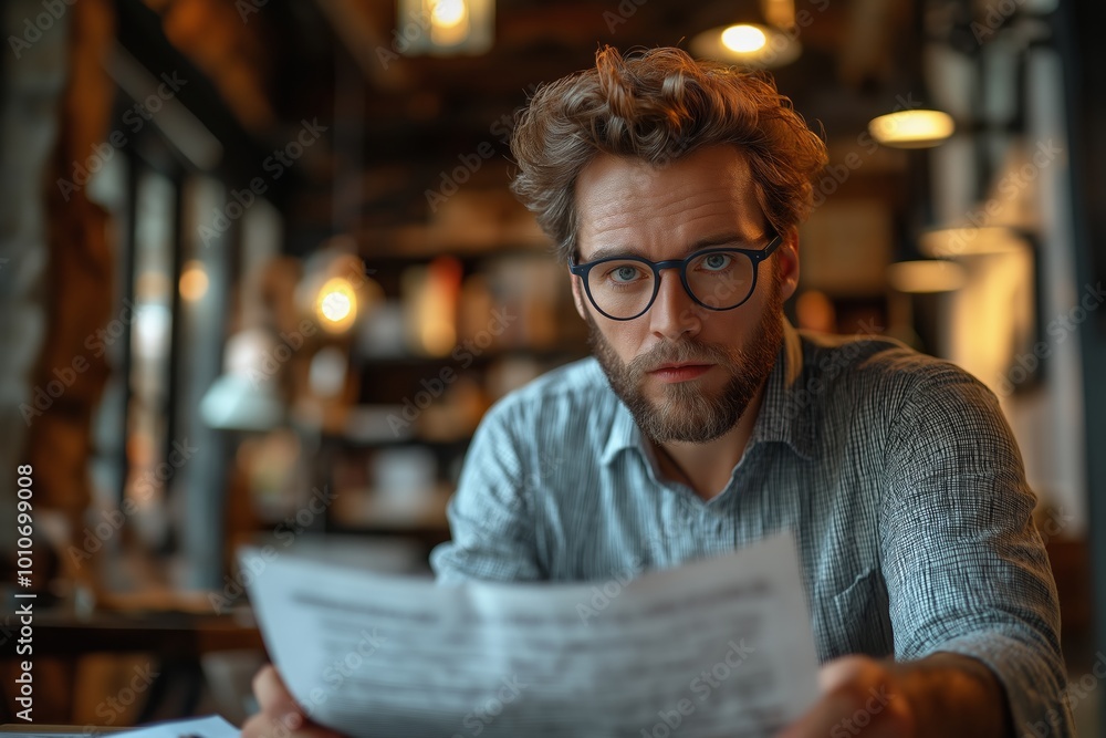 Man with glasses is sitting at a table with a piece of paper in front of him. He is reading or writing something on the paper. The scene suggests a moment of focus or concentration Man with glasses is sitting at a table with a piece of paper in front of him. He is reading or writing something on the paper. The scene suggests a moment of focus or concentration