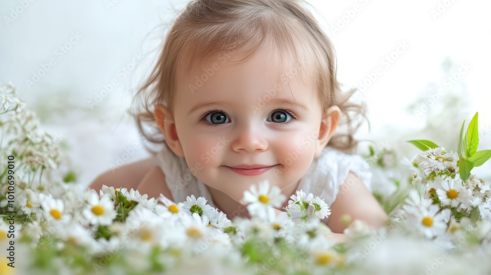 Delighted young girl surrounded by daisies in a lush summer field Delighted young girl surrounded by daisies in a lush summer field
