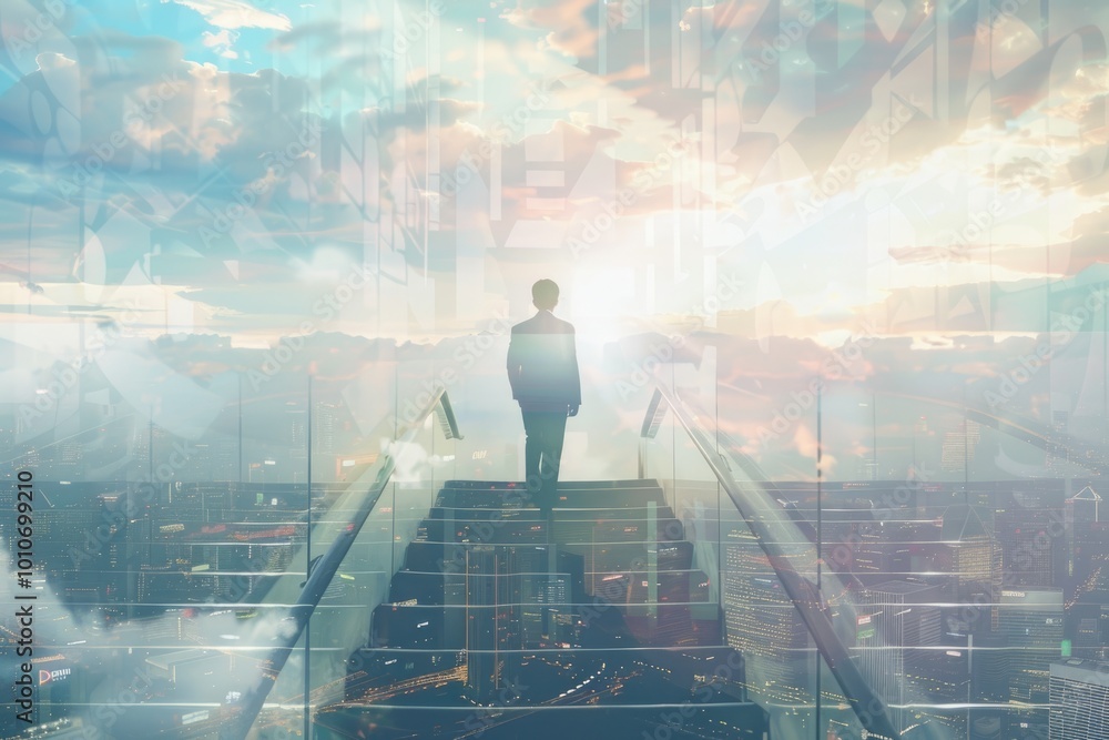 © Anjali - Young businessman climbing abstract stairs in city sky. Success concept. © Anjali - Young businessman climbing abstract stairs in city sky. Success concept.