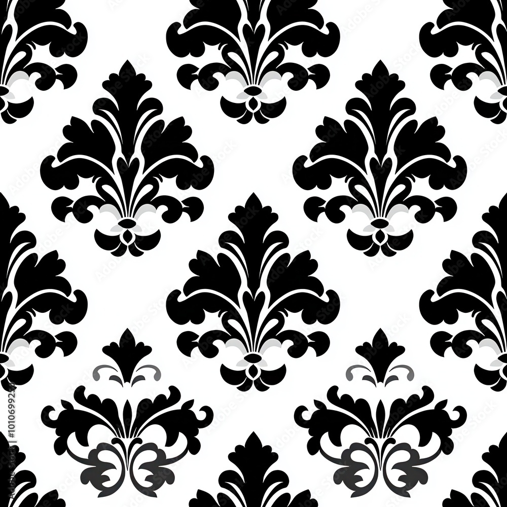 Fototapeta premium A striking black and white damask pattern featuring intricate floral designs, perfect for stylish wallpaper or fabric applications.
