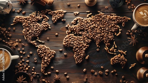 A global map made from coffee beans, with different continents formed by arranged beans on a dark wooden background. Around the map, various coffee-related items like cups, brewing tools. photo