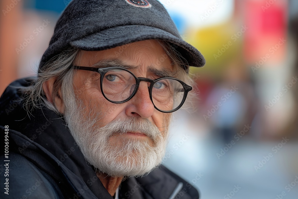 Man with a black hat and glasses is looking at the camera. He is a homeless man Man with a black hat and glasses is looking at the camera. He is a homeless man