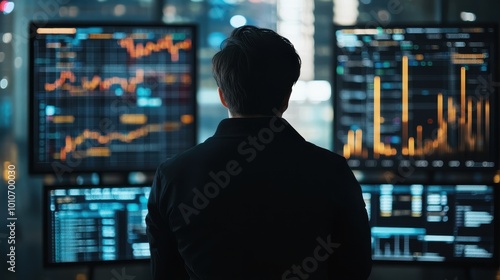 Analyzing Financial Data: Silhouette of a Trader Monitoring Stock Charts