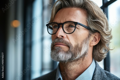 Man with glasses and a beard is looking out the window. He is wearing a blue shirt and gray jacket