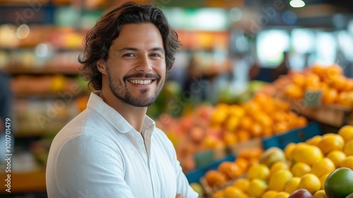 Man is smiling in front of a fruit stand. He is wearing a white shirt and is posing for a picture. The fruit stand is filled with oranges and apples