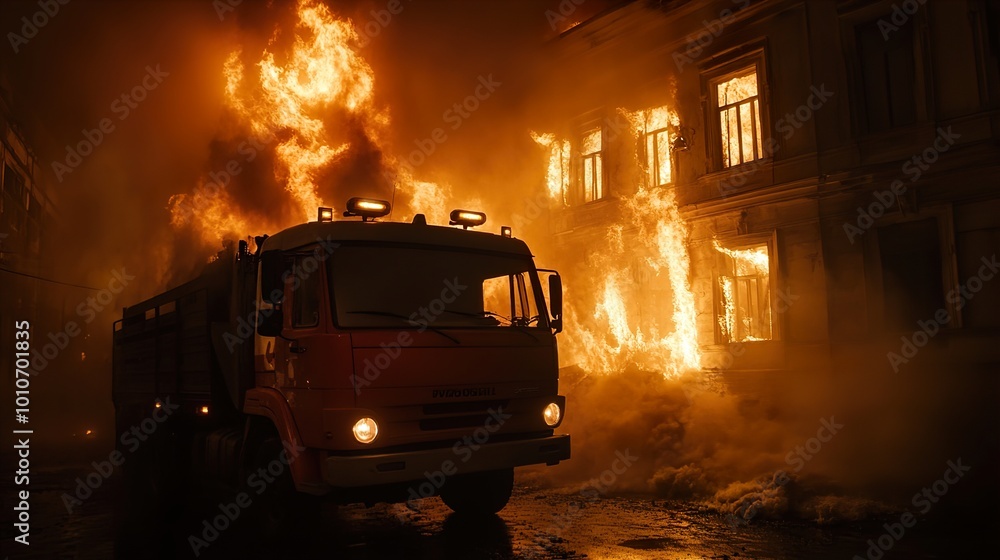 Firefighters Battle Blaze in Burning Building at Night Firefighters Battle Blaze in Burning Building at Night