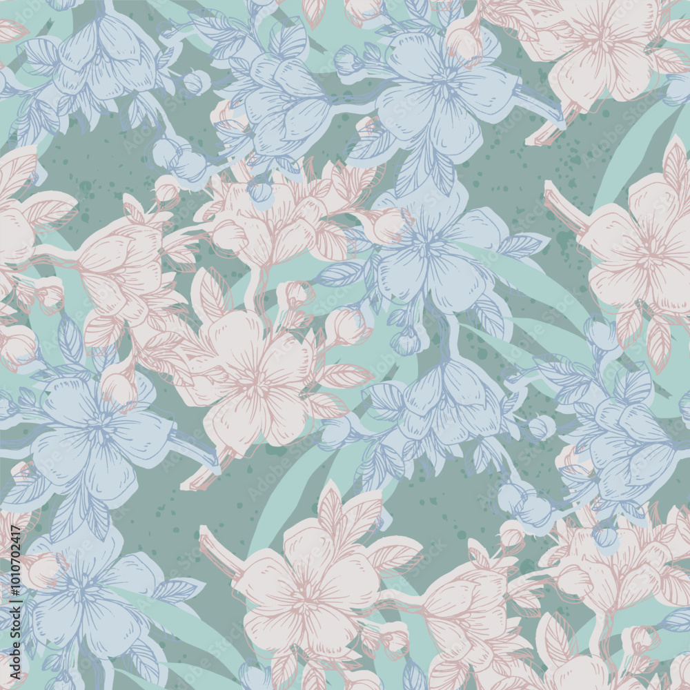 Seamless Pattern with sakura and eucalyptus. Color sketch style hand drawn background. Detailed illustration, hand drawn. Great for fabric and textile, prints, invitation, packaging Seamless Pattern with sakura and eucalyptus. Color sketch style hand drawn background. Detailed illustration, hand drawn. Great for fabric and textile, prints, invitation, packaging