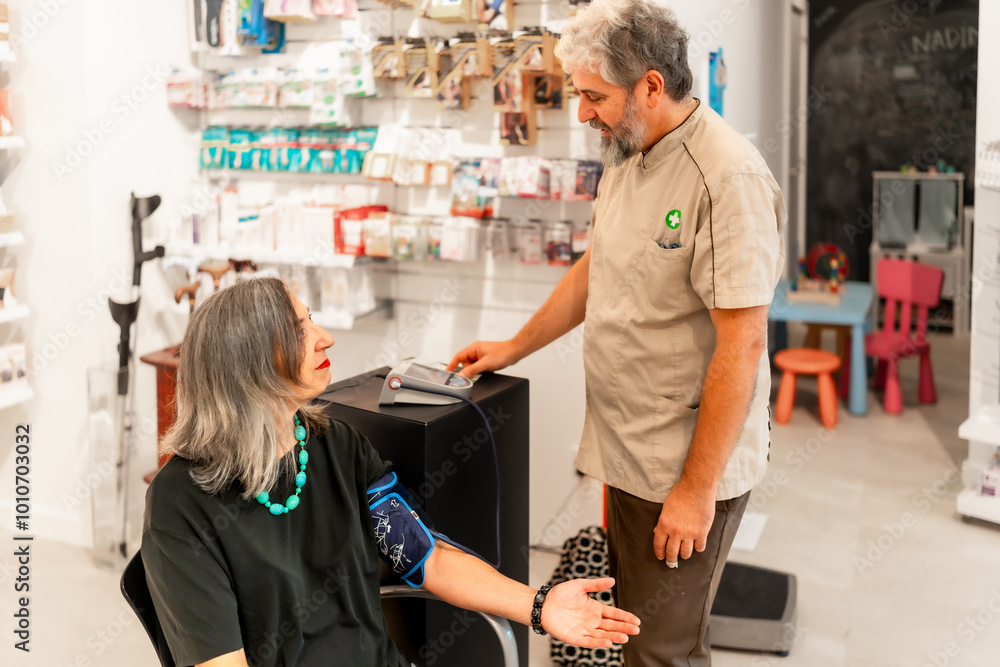 Obraz premium Doctor measuring blood pressure of a woman in the pharmacy