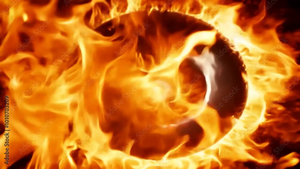 A fiery ring of orange flames surrounds a glowing circular eye with concentric rings. A fiery ring of orange flames surrounds a glowing circular eye with concentric rings.