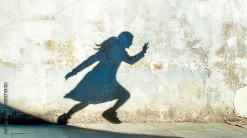 Shadow of woman running on old grunge wall