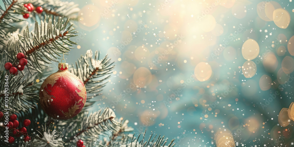 Φωτογραφία Christmas ball ornament hangs gracefully on a snow-dusted evergreen branch, creating a festive and cozy atmosphere with a warm, shimmering gold bokeh