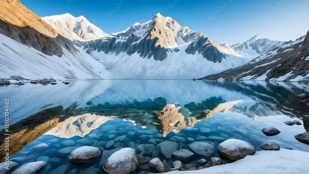 A pristine mountain lake with still, reflective waters, surrounded by snow-capped peaks and a bright blue sky, creating a serene natural scene. AI-generated. A pristine mountain lake with still, reflective waters, surrounded by snow-capped peaks and a bright blue sky, creating a serene natural scene. AI-generated.