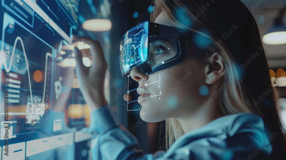 Woman in Office Using Virtual Reality Glasses to Interact with Digital Screen: Embracing Future Technology Woman in Office Using Virtual Reality Glasses to Interact with Digital Screen: Embracing Future Technology