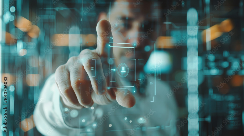 Businessman Touching Digital Screen: Embracing Technology in the Workplace Businessman Touching Digital Screen: Embracing Technology in the Workplace