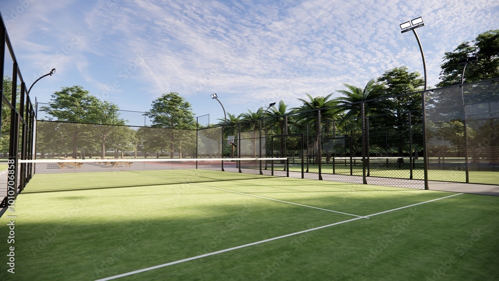 Fototapeta premium Padel court with lines, net and glass structure at rural area