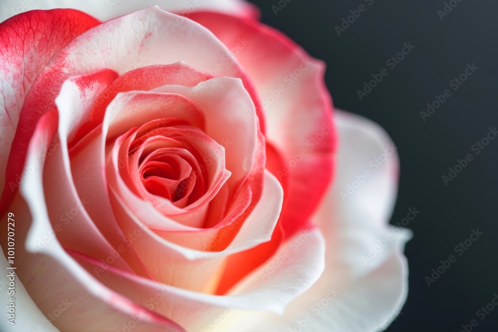 Delicate petals of a red and white rose unfold gracefully, showcasing their rich colors and textures. The contrasting black backdrop highlights the flower's enchanting details. Delicate petals of a red and white rose unfold gracefully, showcasing their rich colors and textures. The contrasting black backdrop highlights the flower's enchanting details.