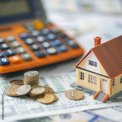 A calculator and piles of coins sit beside a model home, representing the potential financial rewards of real estate investments, including cash flow and tax benefits.