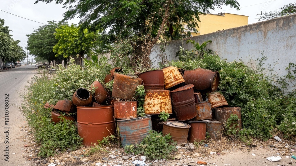 Obraz premium A pile of rusty metal barrels sits on the side of a dirt road, overgrown with weeds and surrounded by foliage.
