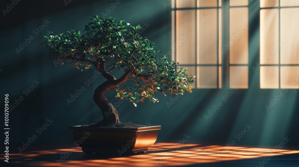 Dramatically lit bonsai tree in a sleek black pot, dark setting with light streaming in from a clear window Dramatically lit bonsai tree in a sleek black pot, dark setting with light streaming in from a clear window