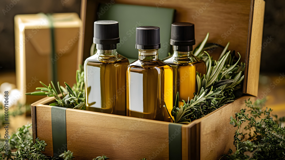 Φωτογραφία Elegant gift set of premium olive oil bottles nestled in a wooden box, adorned with fresh herbs - a gourmet's delight for culinary enthusiasts