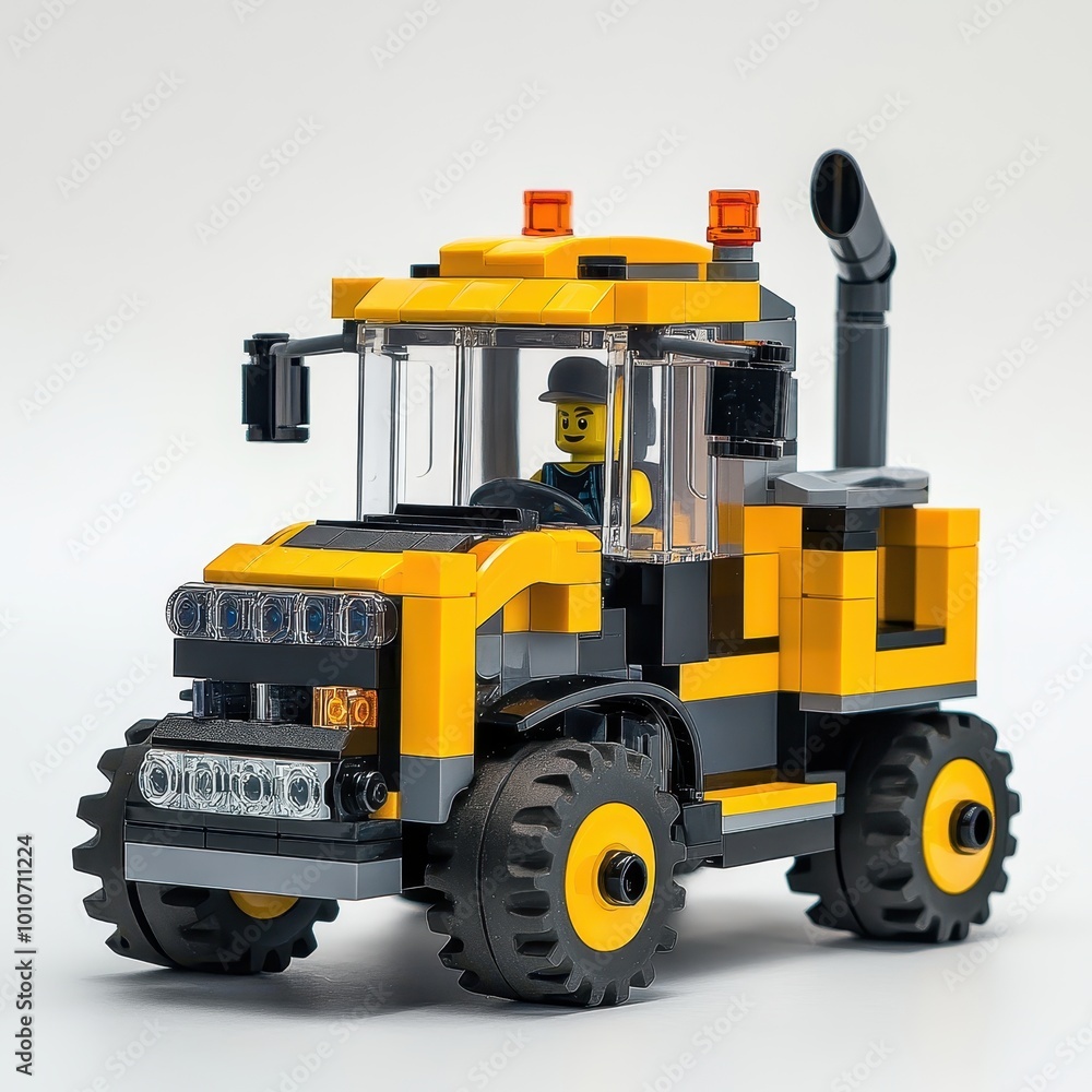 A yellow and black toy truck with a driver, designed for creative play and construction themes. A yellow and black toy truck with a driver, designed for creative play and construction themes.