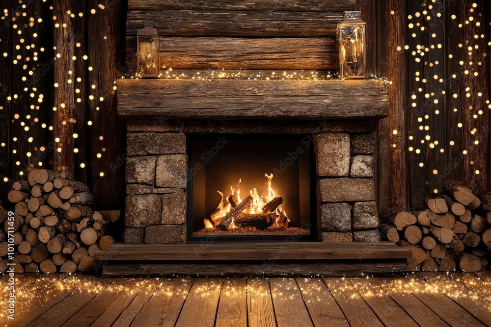 Wooden background with glitter effects and fireplace with generative ai Wooden background with glitter effects and fireplace with generative ai