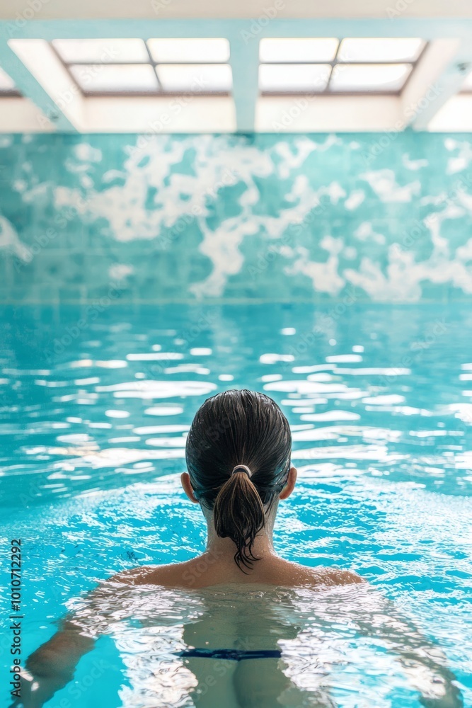 Person swimming laps in a clear blue pool. They focus on their technique and breathing Person swimming laps in a clear blue pool. They focus on their technique and breathing